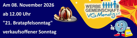 21. Mendiger Bratapfelsonntag am 08.11.2026 ab 12.00 Uhr